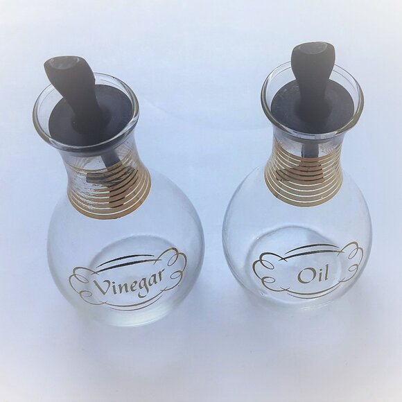 VTG Pyrex Oil & Vinegar Glass Cruets with Tops Gold Bands Original Stoppers - Picture 4 of 12